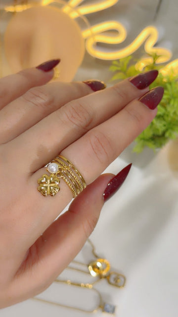 3 Layer Pearl & Clover Ring for Women | Gold-Tone Stack Ring – Zariya Jewels