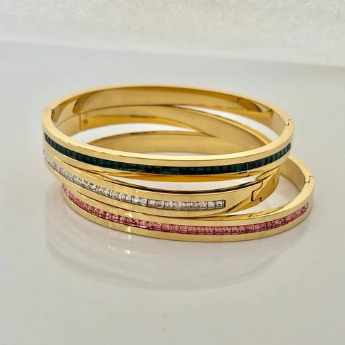 Luxury Gold-Plated Crystal Bangle Set for Women | Pink, White & Emerald Green