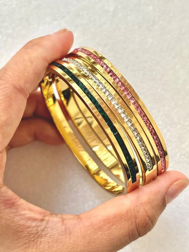 Luxury Gold-Plated Crystal Bangle Set for Women | Pink, White & Emerald Green