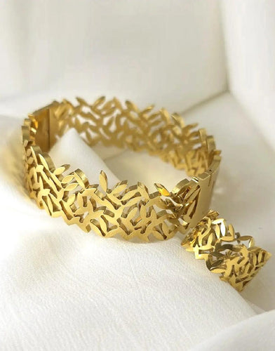 Luxury Leaf Cutwork Gold-Plated Bracelet & Ring Set | Stainless Steel Jewelry