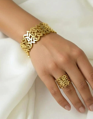 Luxury Leaf Cutwork Gold-Plated Bracelet & Ring Set | Stainless Steel Jewelry