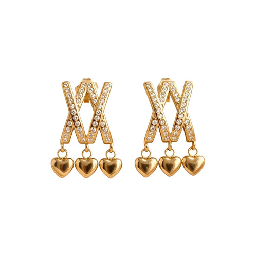 Luxury Crystal X Heart Drop Earrings | Gold-Plated Statement Earrings for Women