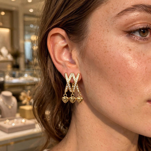 Luxury Crystal X Heart Drop Earrings | Gold-Plated Statement Earrings for Women