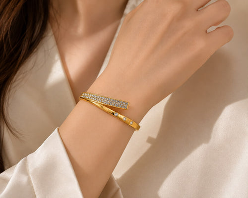 Luxury Gold-Plated Crystal Crossover Open Bangle for Women