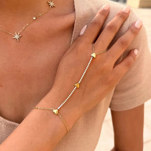 Luxury Crystal Hand Chain Bracelet Ring – Gold-Plated Heart Hand Harness for Women