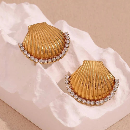 Luxury Gold-Plated Seashell Crystal Stud Earrings for Women