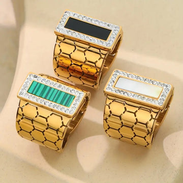 Luxury Gold-Plated Rectangle Black Stone Ring for Women